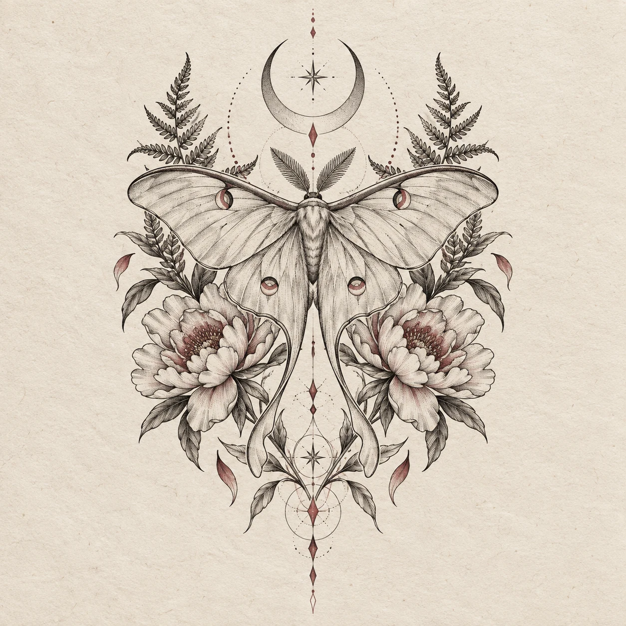 Ornamental luna moth, crescent, peonies, and fern tattoo linework study
