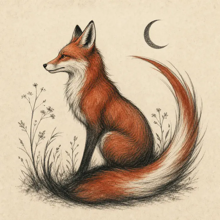 Fox and crescent moon tattoo concept with a clear side profile and flowing tail