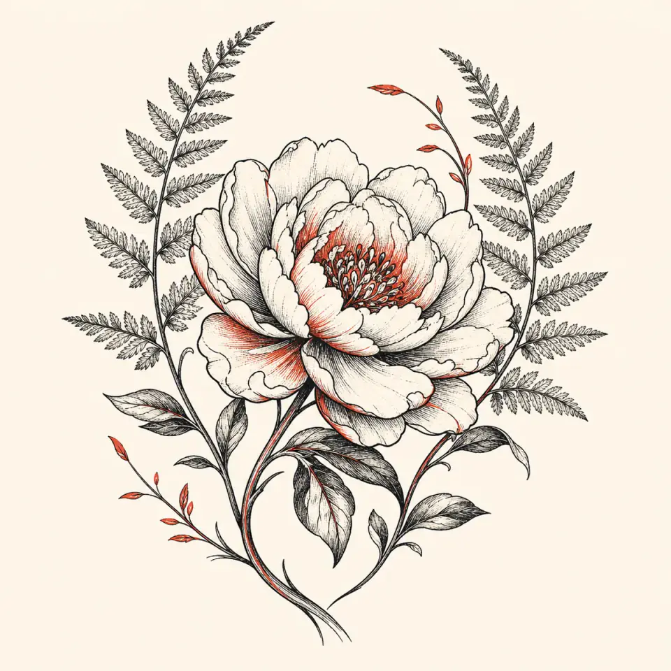 Botanical peony and fern tattoo concept