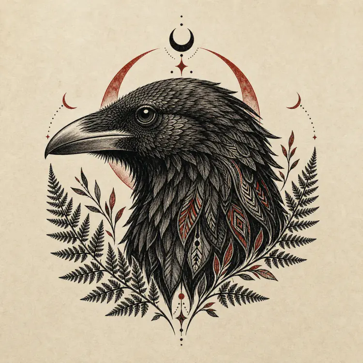 Ornamental raven head tattoo concept in strict side profile with fern and crescent details